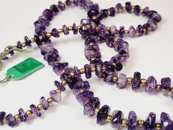 Vintage Amethyst Beaded Gold Tone  Long Necklace