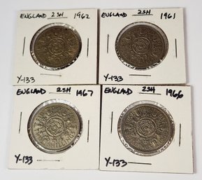 4 English Vintage 2 Shillings Coins - 1961, 1962, 1966, 1967