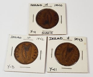 3 Lucky Irish  Coins.......... IRELAND War Pennies - 1940, 1942, 1943