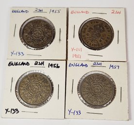 4 English Vintage  2 Shillings Coins - 1951, 1955, 1956, 1957