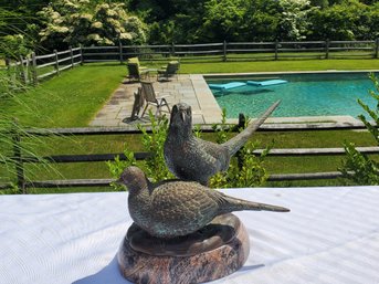 Very Heavy Beautiful Bronze Pheasant Pair Sculpture Figurine On Marble Base