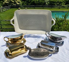 Assorted Porcelain Platter, Silver & Pheasant, Gold Leaf Butter Dishes & Gravy Boats With Underplates