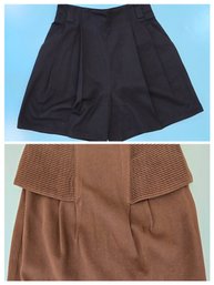 Vintage Gianni Versace Pleated Black Culotte Shorts And Camel/brown Mini Skirt With Ruched Panels
