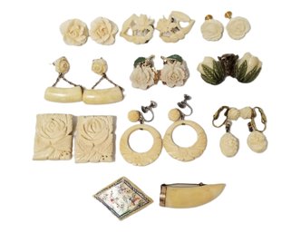 Nine Vintage Carved Cream Colored Clip-on Flower Earrings & Two Pins