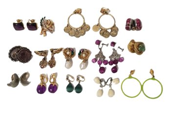 14 Pairs Of Vintage Purple Rhinestones & Beaded Clip-on Earrings