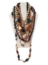Six Brown, Black, Gold & White Beaded Necklaces