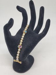 Ladies 14K Yellow Gold, Pearl & Multi Colored Gemstone 7 Inch Bracelet