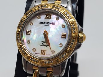 Raymond Weil Tango Ladies Diamond Bezel Mother Of Pearl Dial Swiss Made Gold Tone Stainless Steel Watch