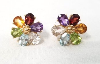 14kt Yellow Gold Flower Gemstones Stud Earrings