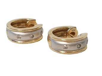 14kt Yellow & White Gold Two Tone Gold With Diamonds Huggie Earrings
