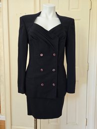 Vintage Gianni Versace Couture Silk/wool Blend Navy Double Breasted Skirt/blazer Suit With Red Enamel Buttons