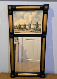 Vintage Trumeau Style Mirror With 1860 Colored Print Of Bowdoin College, Brunswick, ME