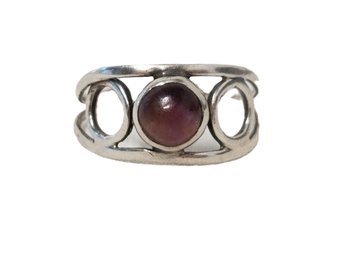 Vintage Sterling Silver Open Circles Ring With Purple Gem Stone Made In Mexico - Size 5.5