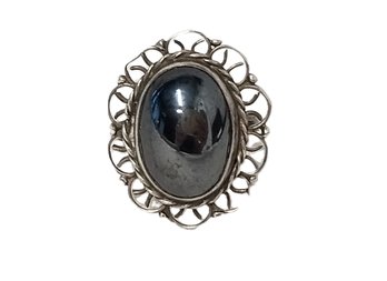 Vintage Sterling Silver Hematite Ring Filigree Faceted Ring Made In Mexico - Size 4.5