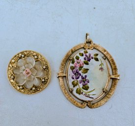 2 Sweet Victorian Inspired Vintage Pieces - 1 Art Glass Flower Pin / 1 Painted Enamel Pendant