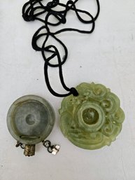 2 Jade Necklace Pendants And Black Silk Cord