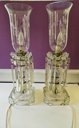 Vintage French Victorian Crystal Parlor/boudoir Hurricane Lamps With Hanging Prisms