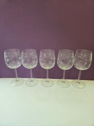 Mid-century Inspired Floral Etched Wine Glasses - Set Of 5