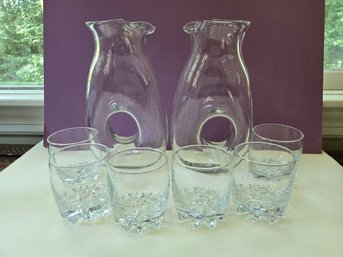 Collectable MCM Barware - 2 Donut Pinched Decanters & 6 Rocks Glasses