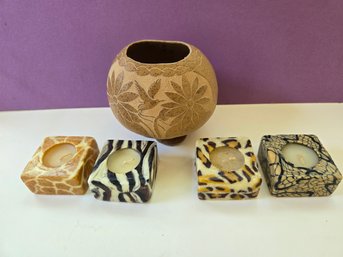 Collectable Home Decor - Hand Carved Hummingbird Gourd And 4 Animal Print Votive Candles
