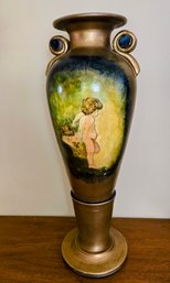 Neoclassical Style Metallic Glazed Urn / Vase With Winged Cherub Motif