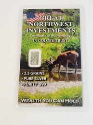 2.5 GRAINS Pure Silver .999 PROOF Ingot In Sealed Card From Great Northwest Investments