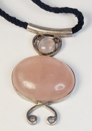 Vintage Sterling Silver Pink Rose Quartz Pendant And Rope Necklace