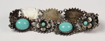 Antique Silver Tone Turquoise Blue Stone Flower Snap Closure Bracelet