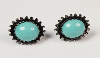 Antique Silver Tone Turquoise Blue Stone Screw Back Earrings
