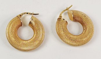 Beautiful  14k  Yellow Italian Gold Mesh Textured Solid Tube  Hoop Earrings