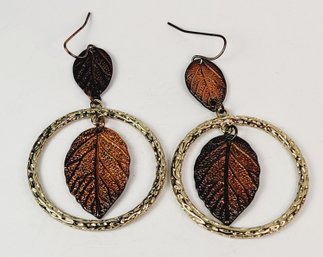 Vintage Copper 2 Tone Leaf Hanging Drop Earrings
