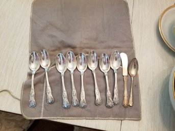 Set Of Silver Plated Spoons And 2 Misc. Pieces In Storage Pouch