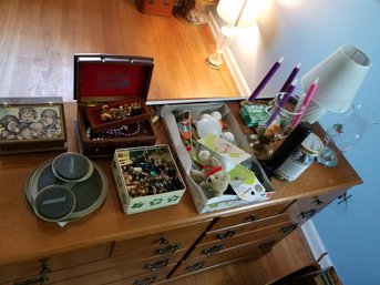 Miscellaneous Lot - Table Full Of Costume Jewely And Other Table Top Decor