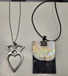 Silver Heart Pendant Necklace And Abalone Shell Pendant On Leather Cord