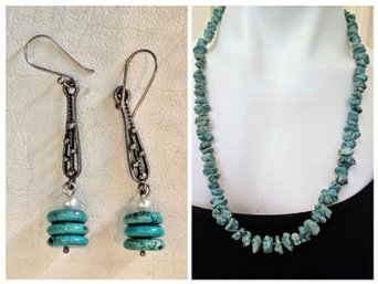 Single Strand Chunky Turquoise Necklace / Turquoise And Pearl Drop Earrings With Burnt Silver Findings