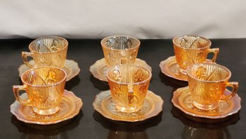 Set Of 6 Iridescent Marigold Carnival Glass Tea Set