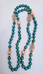 Stunning Genuine Turquoise With Pink Coral And Quartz Interspersed With Gold Beads - Lovely!!