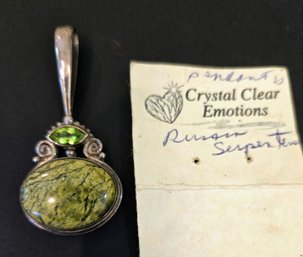 Beautiful Green Russian Serpentine Bezel Pendant With Peridot Crystal Eye