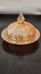 Iridescent Marigold Carnival Glass Lidded Candy Dish