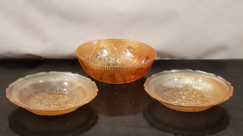 3 Iridescent Carnival Glass Serving Bowls