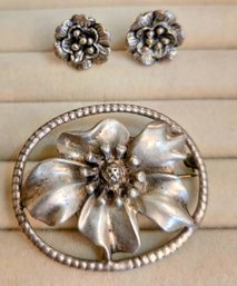 George Jensen Sterling Silver Pin And Matching Earrings