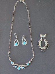 Pretty Turq. And S.S. Jewelry Set - Feathered Festoon Necklace With Matching Teardrop Earrings And Beaded Pi