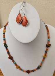 Multi-colored Heishi Beaded Necklace With Fetish Animals &  Matching Gemstone Drop Earrings