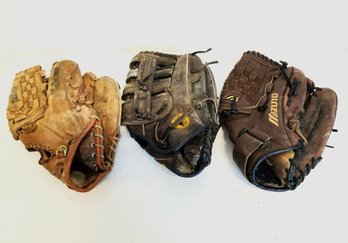 Three Vintage Leather Baseball Mitts By Mizuno & Franklin And Franklin The Backhander