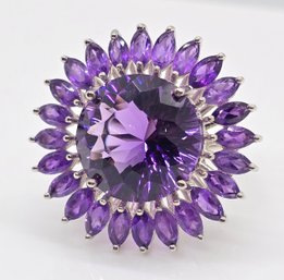 African Amethyst Sunflower Ring (120 Facets) In Platinum Over Sterling