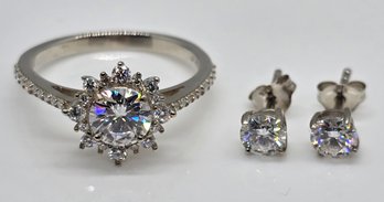 White Moissanite Floral Ring & Stud Earrings In Platinum Over Sterling