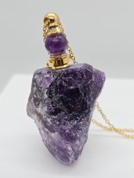 African Amethyst Perfume Bottle Pendant In Gold Tone With Yellow Gold Plated Stainless Steel Chain