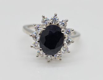 Blue Sapphire, Moissanite Sunburst Ring In Platinum Over Sterling