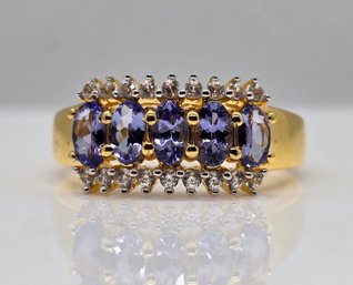 Tanzanite, White Zircon 3 Row Ring In 18K Yellow Gold Over Sterling