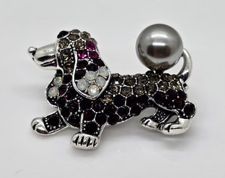 Cute Faux Multi-Gemstone Dog Brooch In Silvertone